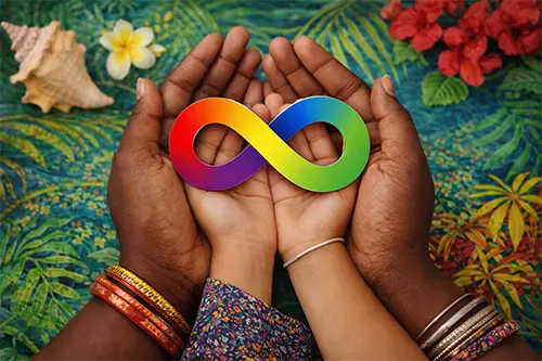 Supportive hands holding a colourful autism awareness heart